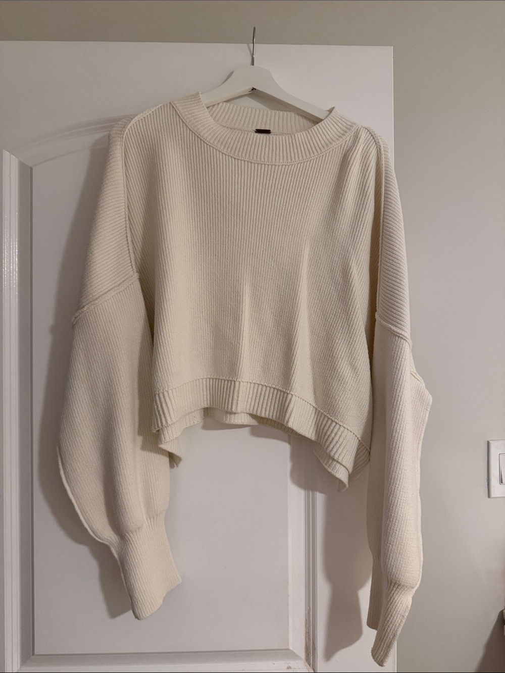 Free People Cream Ribbed Oversized Crewneck Sweater
